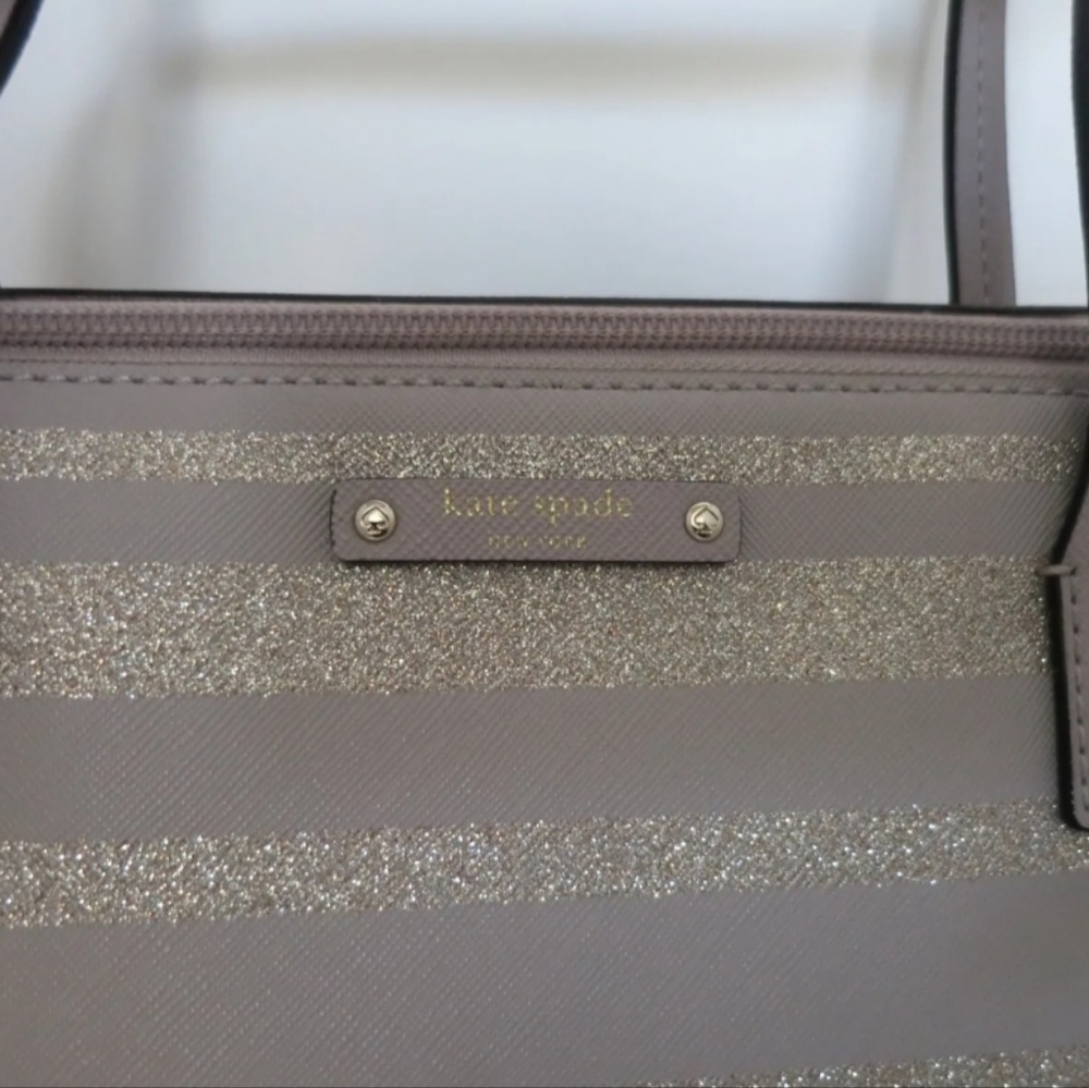 Kate Spade Haven Lane Gold Glitter Lite Purple Grey stripe Tote Shoulder Bag - Picture 2 of 6